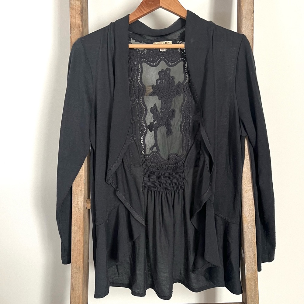 Dark gray cardigan sweater with lace detail in back